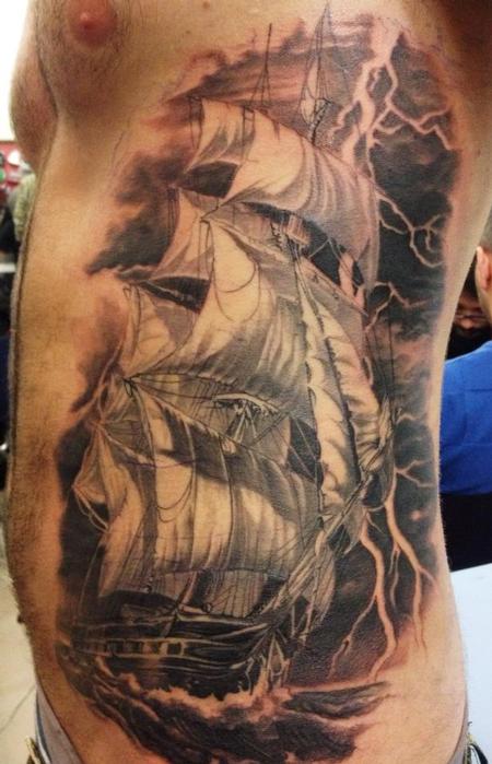 Michele Pitacco - michele@offthemaptattoo.com. sailing ship, Sailing ship in the storm